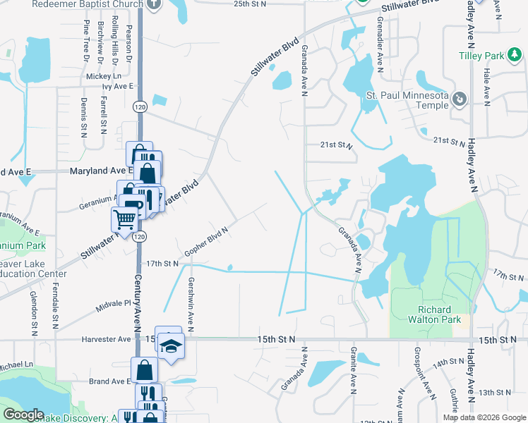 map of restaurants, bars, coffee shops, grocery stores, and more near 6363 Gopher Boulevard North in Saint Paul
