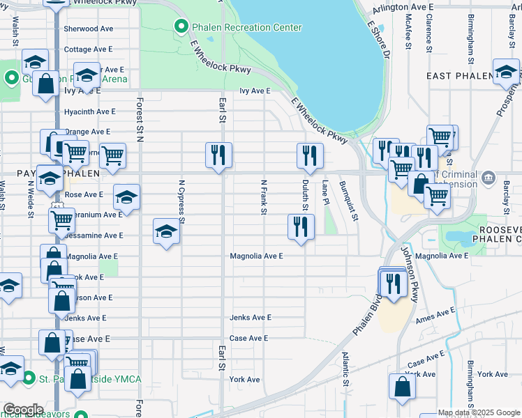 map of restaurants, bars, coffee shops, grocery stores, and more near 1099 Geranium Avenue East in Saint Paul