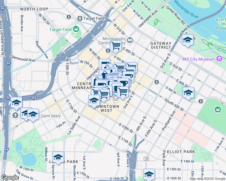 map of restaurants, bars, coffee shops, grocery stores, and more near 730 Nicollet Mall in Minneapolis