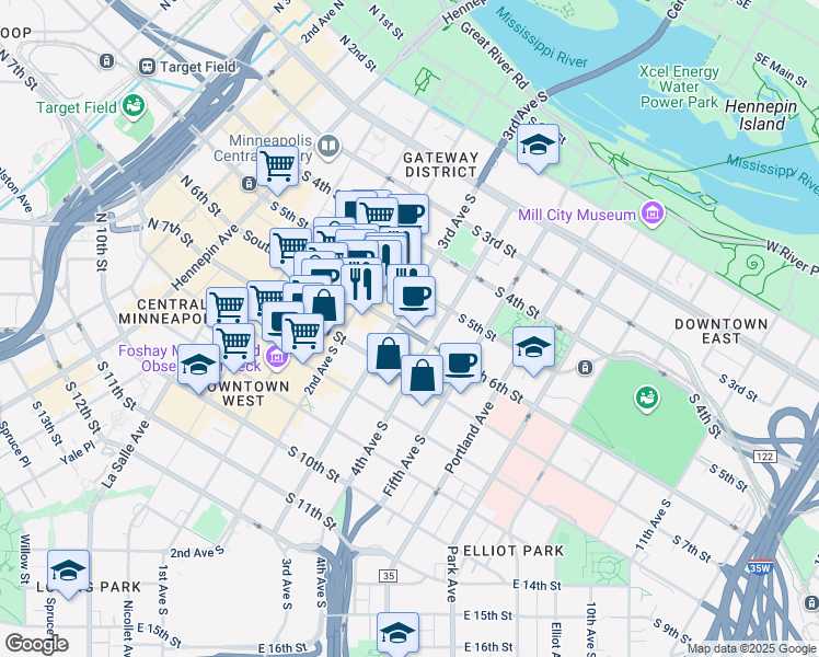 map of restaurants, bars, coffee shops, grocery stores, and more near 300 South 6th Street in Minneapolis
