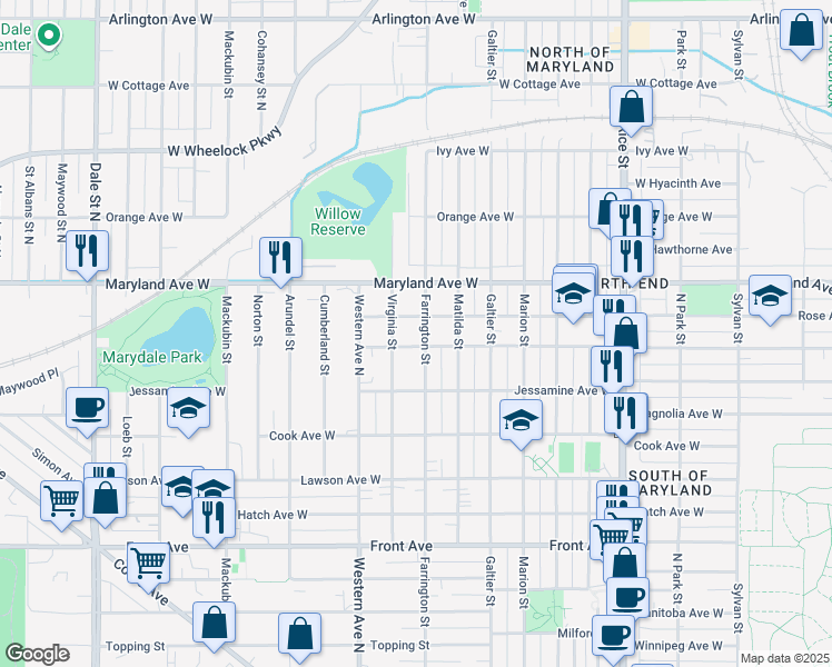 map of restaurants, bars, coffee shops, grocery stores, and more near 1155 Farrington Street in Saint Paul