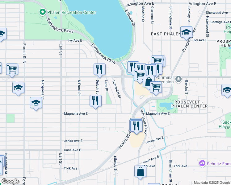 map of restaurants, bars, coffee shops, grocery stores, and more near 1147 Burnquist Street in Saint Paul