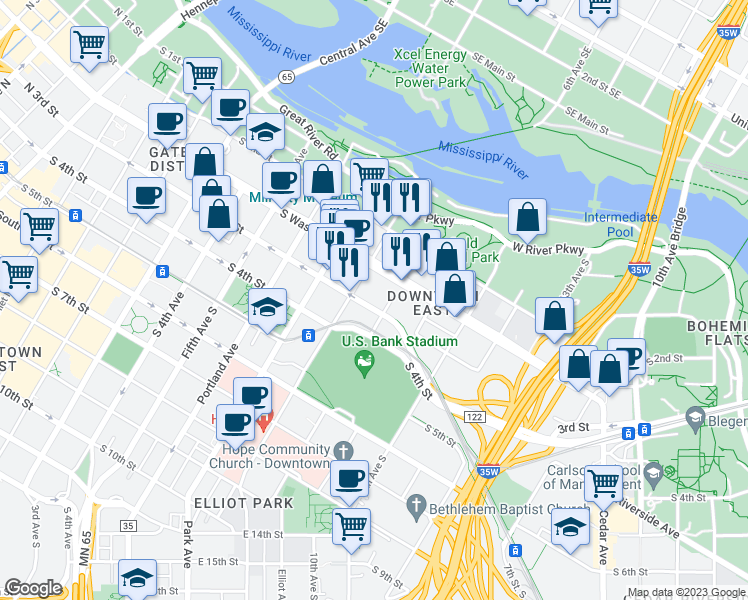 map of restaurants, bars, coffee shops, grocery stores, and more near 822 South 3rd Street in Minneapolis