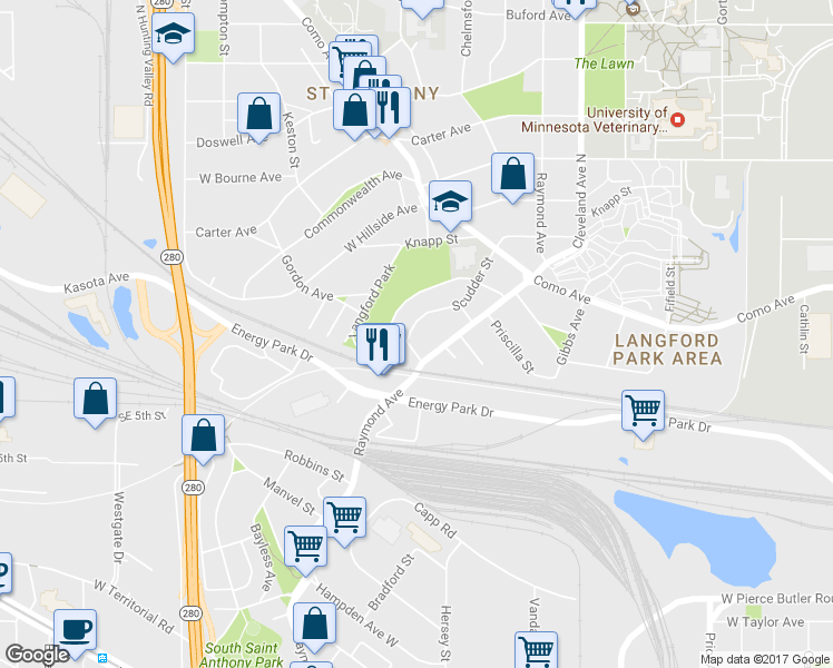 map of restaurants, bars, coffee shops, grocery stores, and more near 2258 Scudder Street in Saint Paul