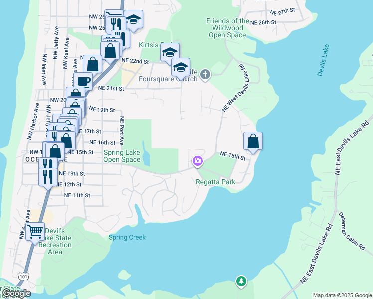 map of restaurants, bars, coffee shops, grocery stores, and more near 7545 Northeast Regatta Way in Lincoln City