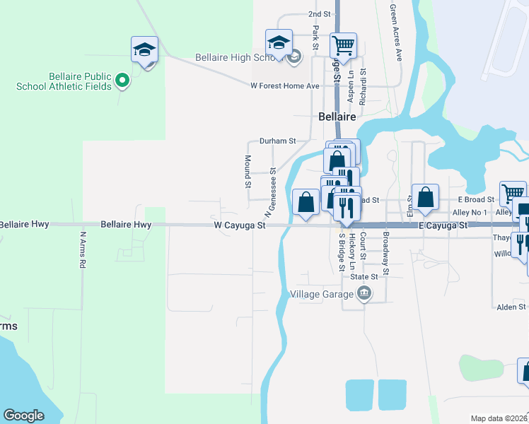 map of restaurants, bars, coffee shops, grocery stores, and more near 105 North Genessee Street in Bellaire