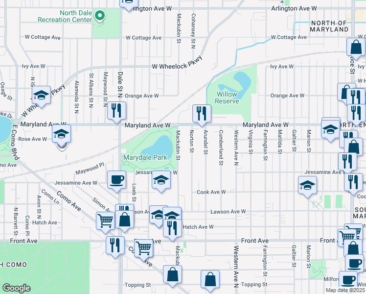 map of restaurants, bars, coffee shops, grocery stores, and more near 1164 Mackubin Street in Saint Paul