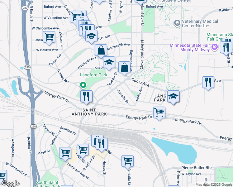map of restaurants, bars, coffee shops, grocery stores, and more near 2316 Priscilla Street in Saint Paul