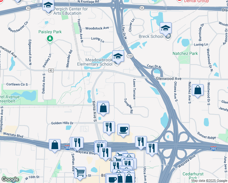 map of restaurants, bars, coffee shops, grocery stores, and more near 201 Turners Crossroad South in Minneapolis