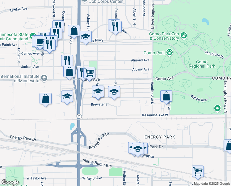 map of restaurants, bars, coffee shops, grocery stores, and more near 1159 Pascal Street in Saint Paul