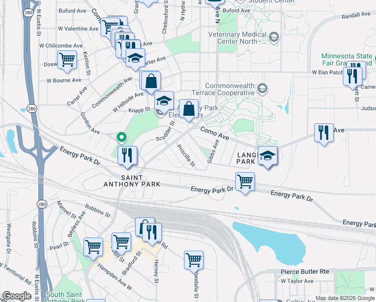 map of restaurants, bars, coffee shops, grocery stores, and more near 2316 Priscilla Street in Saint Paul