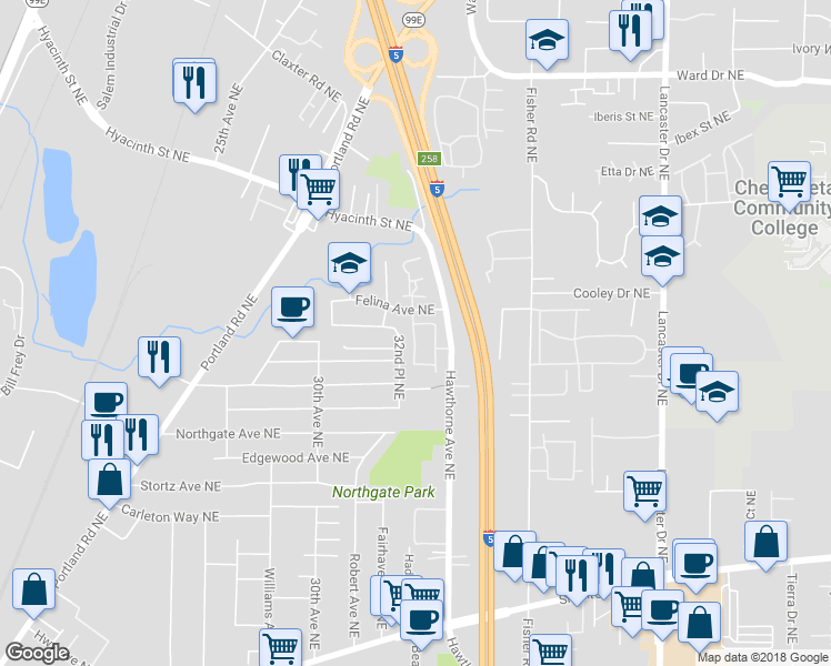 map of restaurants, bars, coffee shops, grocery stores, and more near 3232-3324 Felina Avenue Northeast in Salem