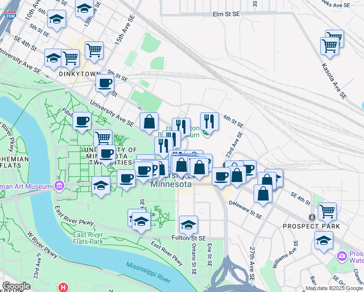 map of restaurants, bars, coffee shops, grocery stores, and more near 2001 University Avenue Southeast in Minneapolis