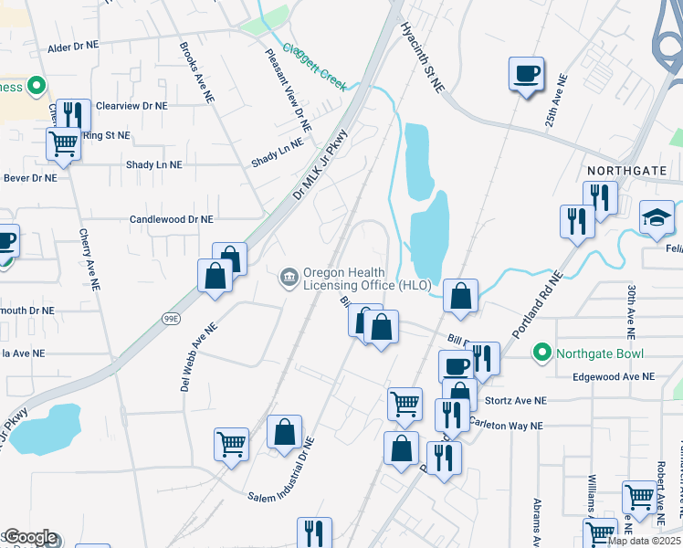 map of restaurants, bars, coffee shops, grocery stores, and more near 1865 Bill Frey Drive in Salem