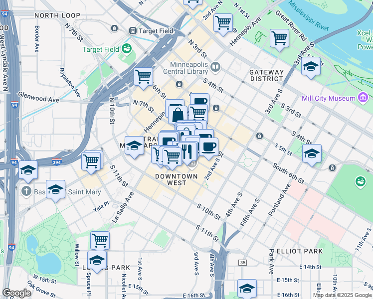 map of restaurants, bars, coffee shops, grocery stores, and more near 80 South 8th Street in Minneapolis