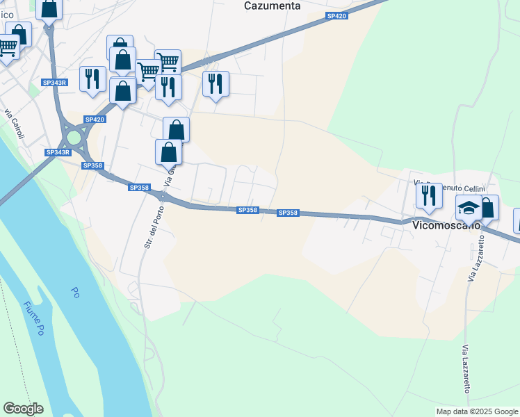 map of restaurants, bars, coffee shops, grocery stores, and more near 121 Strada Provinciale ex Strada Statale 358 in Casalmaggiore