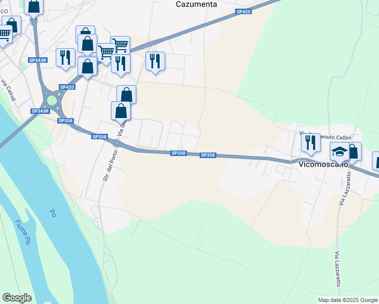 map of restaurants, bars, coffee shops, grocery stores, and more near 121 SP358 in Casalmaggiore