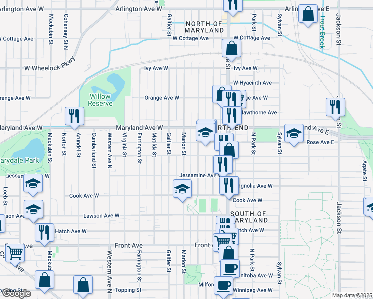 map of restaurants, bars, coffee shops, grocery stores, and more near 1156 Marion Street in Saint Paul