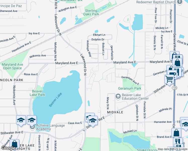 map of restaurants, bars, coffee shops, grocery stores, and more near 1162 Beaver Creek Lane in Saint Paul