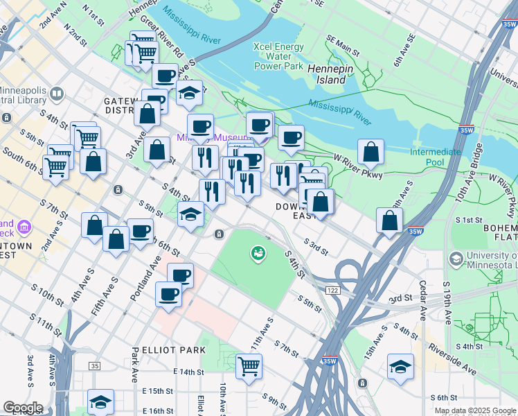 map of restaurants, bars, coffee shops, grocery stores, and more near 708 South 3rd Street in Minneapolis