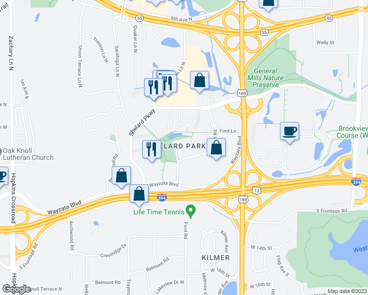 map of restaurants, bars, coffee shops, grocery stores, and more near 420 Ford Road in Minneapolis