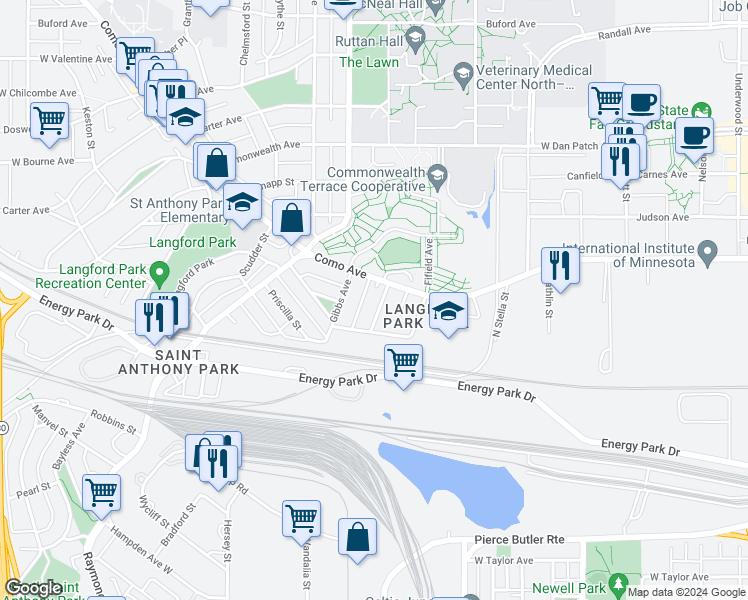 map of restaurants, bars, coffee shops, grocery stores, and more near 1139 Raleigh Street in Saint Paul