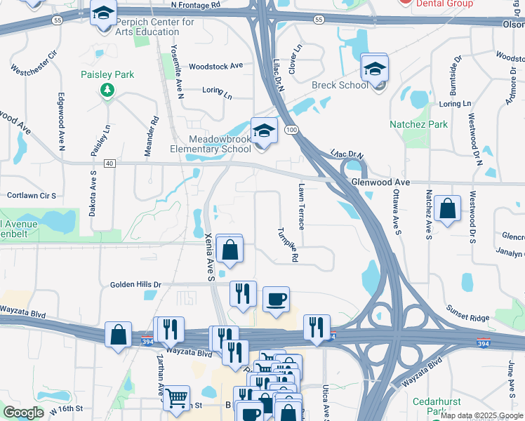 map of restaurants, bars, coffee shops, grocery stores, and more near 201 Turners Crossroad South in Minneapolis