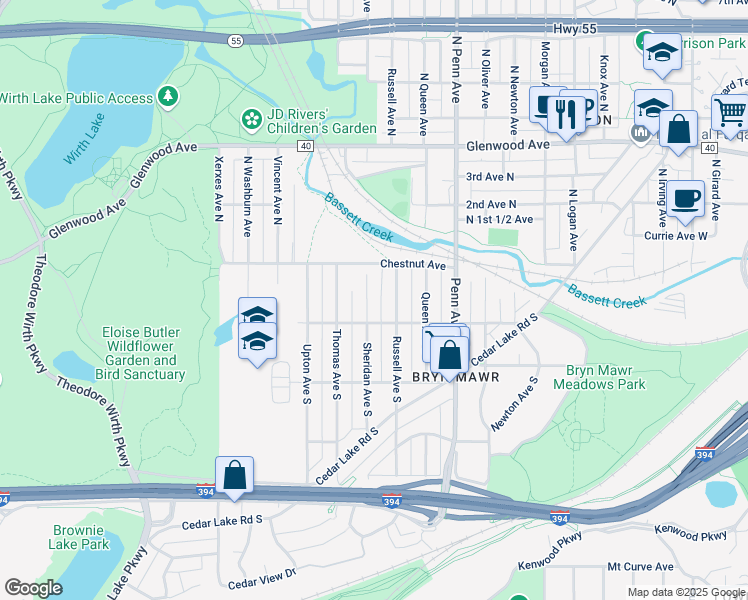 map of restaurants, bars, coffee shops, grocery stores, and more near 37 Sheridan Avenue South in Minneapolis