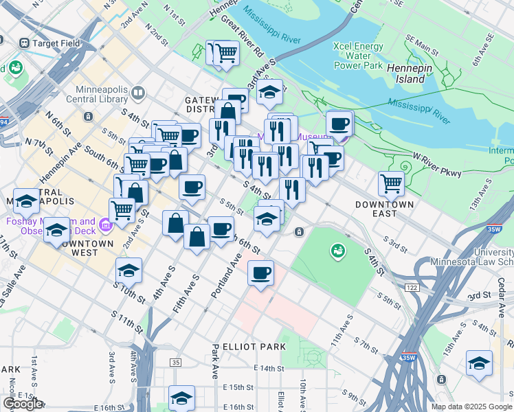 map of restaurants, bars, coffee shops, grocery stores, and more near 521 South 4th Street in Minneapolis