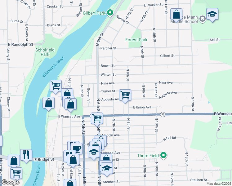 map of restaurants, bars, coffee shops, grocery stores, and more near 709 Turner Street in Wausau