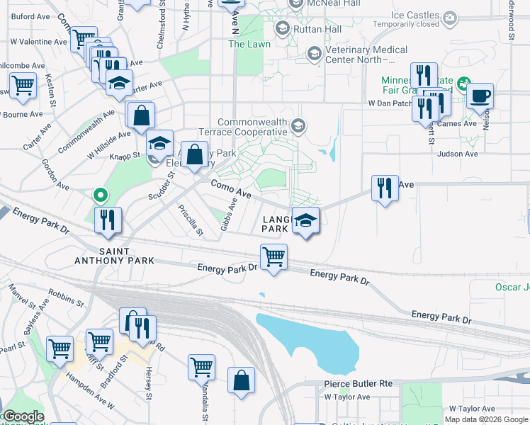 map of restaurants, bars, coffee shops, grocery stores, and more near in Saint Paul
