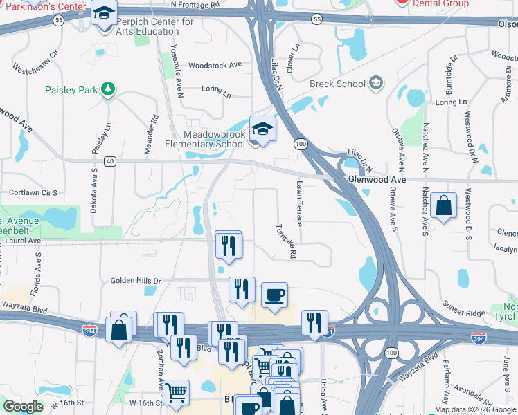 map of restaurants, bars, coffee shops, grocery stores, and more near 201 Turners Crossroad South in Minneapolis