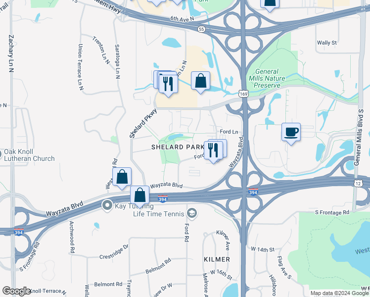 map of restaurants, bars, coffee shops, grocery stores, and more near 420 Ford Road in Minneapolis