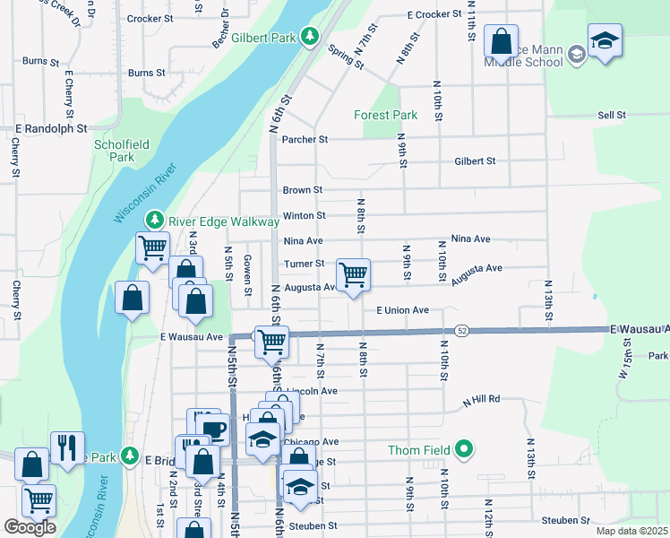 map of restaurants, bars, coffee shops, grocery stores, and more near 709 Turner Street in Wausau