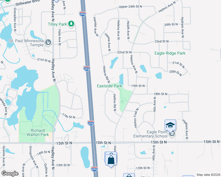 map of restaurants, bars, coffee shops, grocery stores, and more near 1921 Helmo Road North in Oakdale