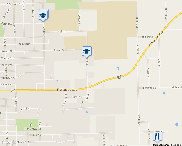 map of restaurants, bars, coffee shops, grocery stores, and more near 2309 North 18th Street in Wausau