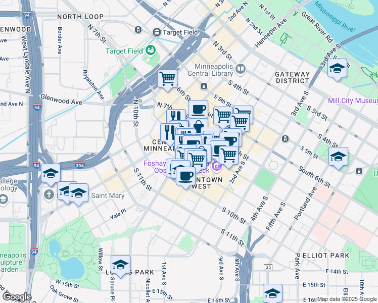 map of restaurants, bars, coffee shops, grocery stores, and more near 801 Lasalle Avenue in Minneapolis