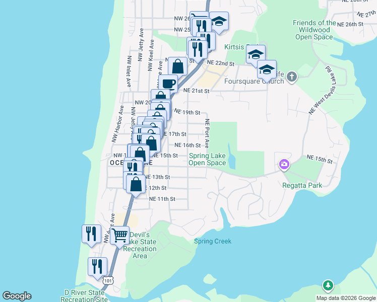 map of restaurants, bars, coffee shops, grocery stores, and more near 1759 Northeast 15th Street in Lincoln City