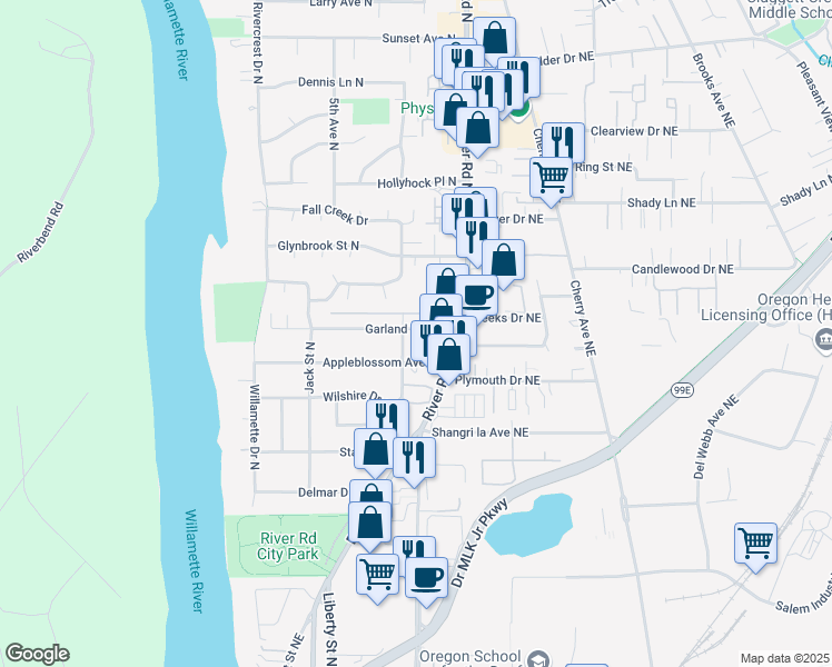 map of restaurants, bars, coffee shops, grocery stores, and more near 160-198 Garland Court North in Keizer