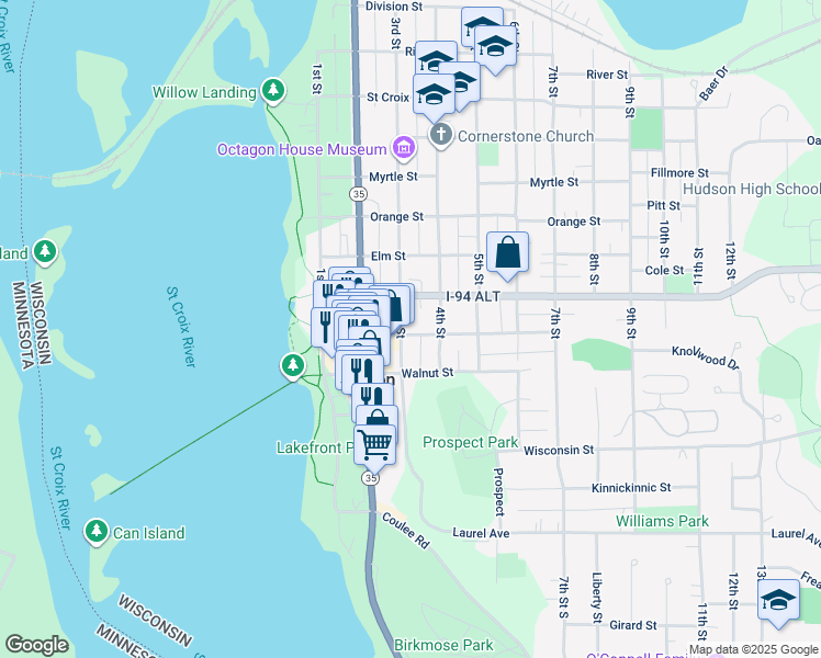 map of restaurants, bars, coffee shops, grocery stores, and more near 602 3rd Street in Hudson