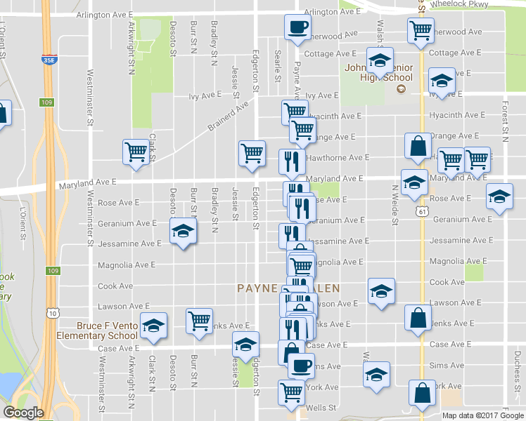 map of restaurants, bars, coffee shops, grocery stores, and more near 603 Geranium Avenue East in Saint Paul