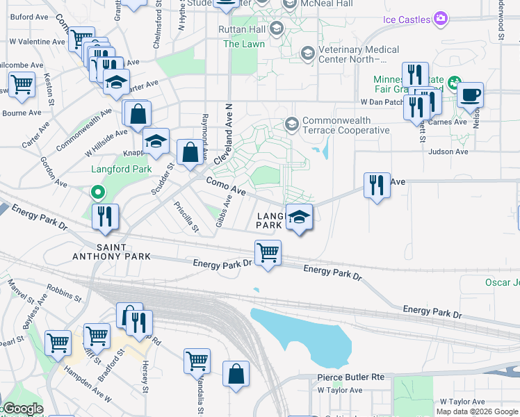 map of restaurants, bars, coffee shops, grocery stores, and more near in Saint Paul