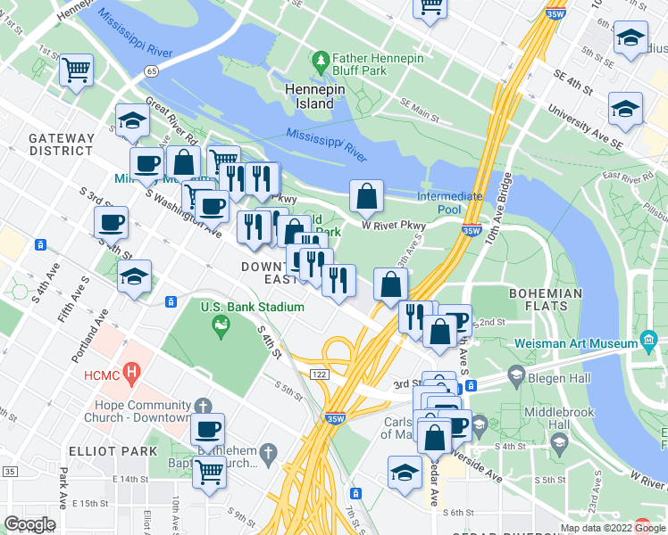 map of restaurants, bars, coffee shops, grocery stores, and more near 1111 South 2nd Street in Minneapolis