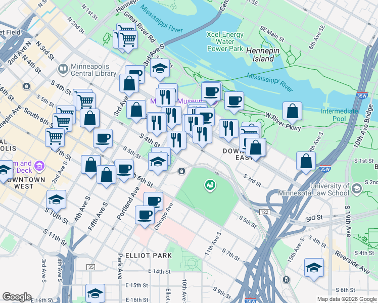 map of restaurants, bars, coffee shops, grocery stores, and more near 740 South 4th Street in Minneapolis
