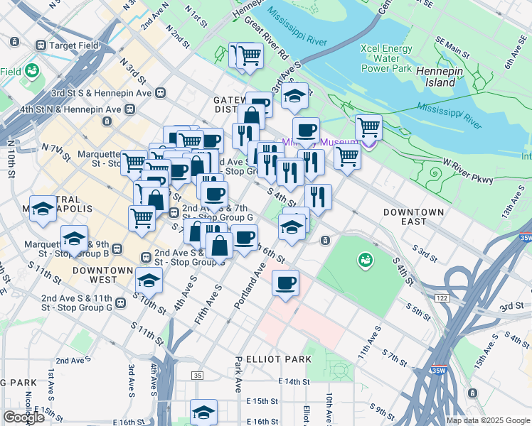 map of restaurants, bars, coffee shops, grocery stores, and more near in Minneapolis