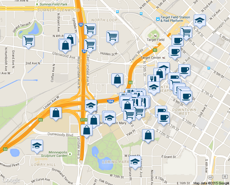map of restaurants, bars, coffee shops, grocery stores, and more near 1302 Linden Avenue West in Minneapolis