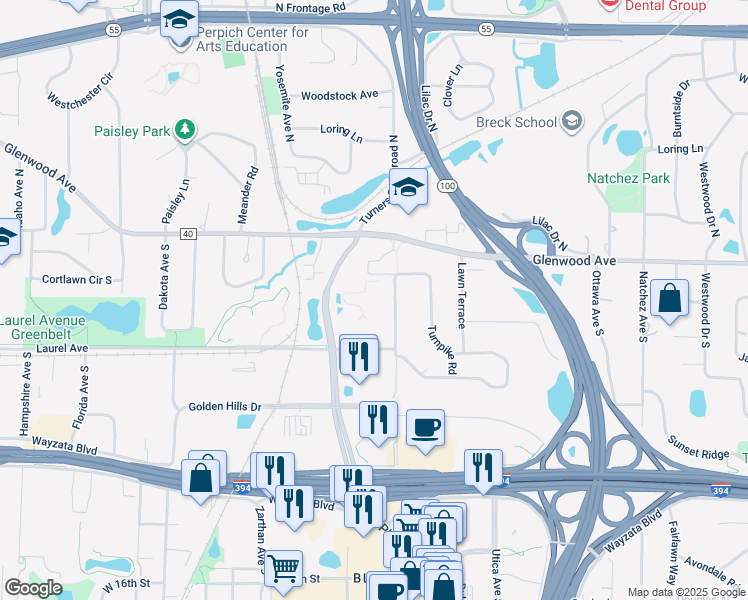 map of restaurants, bars, coffee shops, grocery stores, and more near 250 Turners Crossroad South in Minneapolis