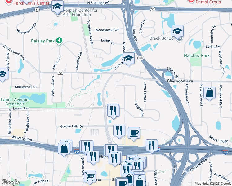 map of restaurants, bars, coffee shops, grocery stores, and more near 250 Turners Crossroad South in Minneapolis