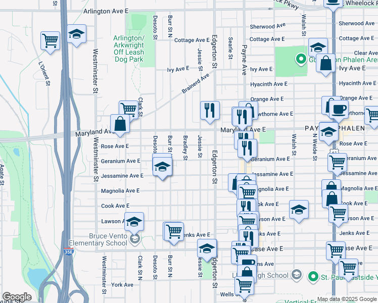 map of restaurants, bars, coffee shops, grocery stores, and more near 1158 Bradley Street in Saint Paul