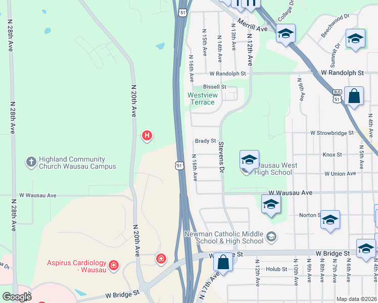 map of restaurants, bars, coffee shops, grocery stores, and more near 1202-1204 North 16th Avenue in Wausau